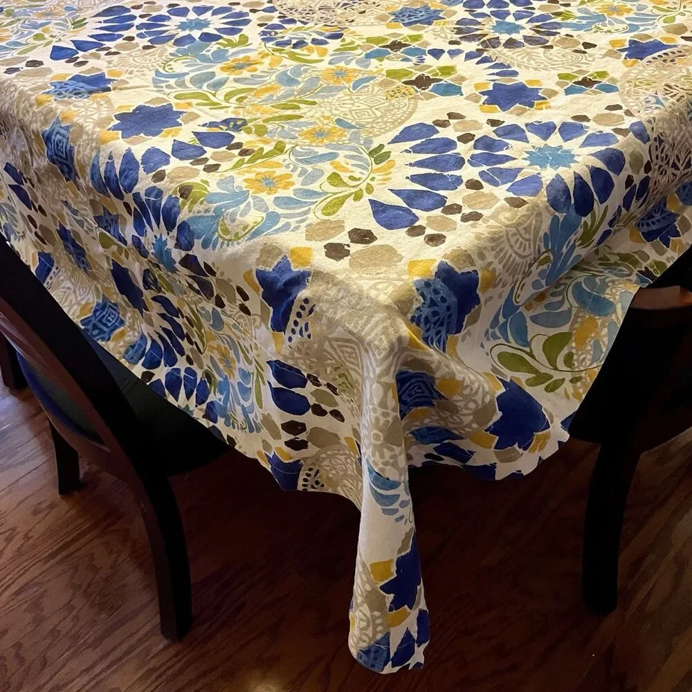POTTERY BARN XL Rectangle Linen Floral Tropical Tablecloth 70